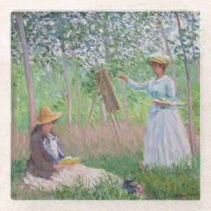 Posavasos De Vidrio Arte antiguo de Monet de bosque con luz moteada de