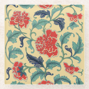 Posavasos De Vidrio Arte Antiguo Nouveau Chinoisería Floral Roja China