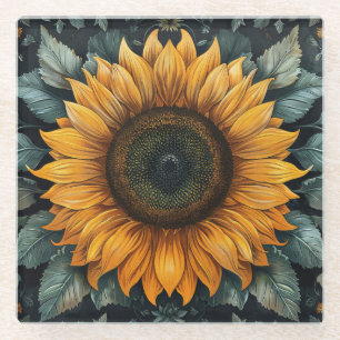 Posavasos De Vidrio Arte botánico de girasol intrincado