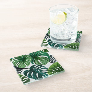 Posavasos De Vidrio Arte botánico moderno acuarela hojas de Monstera