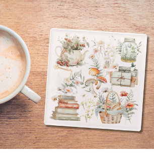 Posavasos De Vidrio Arte caprichoso floral de hongos de libros Cottage