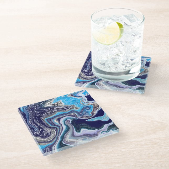 Posavasos De Vidrio Arte con fluido de mármol azul (Angular)