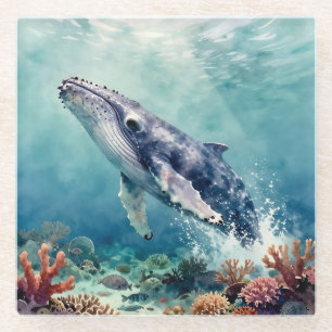 Posavasos De Vidrio Arte costero acuarela de ballena azul oceánica