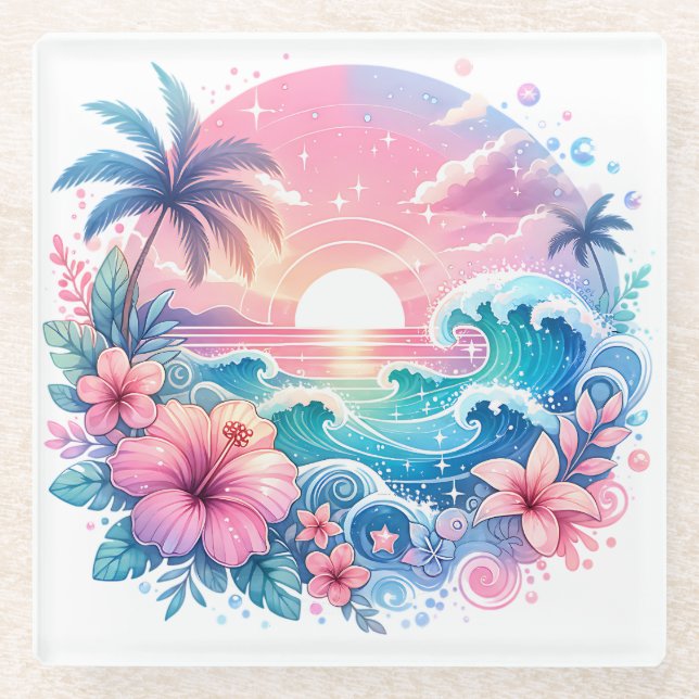Posavasos De Vidrio Arte costero rosa y azul bonito (Anverso)