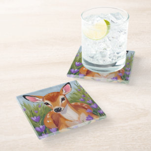 Posavasos De Vidrio Arte de Acuarela de Ciervo Bebé Animal Pintura