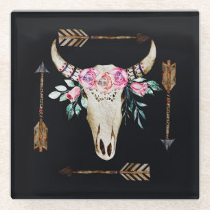 Posavasos De Vidrio Arte de acuarela de cráneo de ciervo bohemio