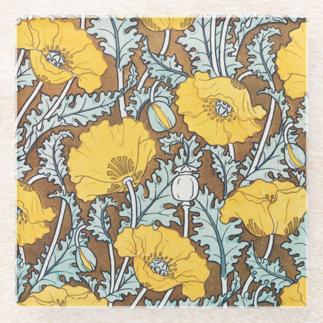 Posavasos De Vidrio arte de amapola flor amarillo ilustracion (Anverso)