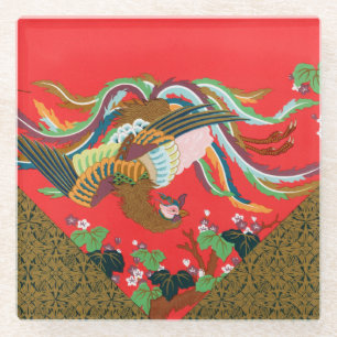 Posavasos De Vidrio Arte de ave fénix japonesa roja vintage G.A. Audsl