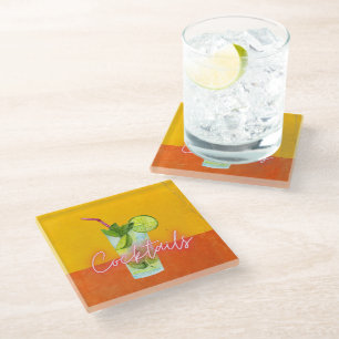 Posavasos De Vidrio Arte de bar con cócteles de acuarela y neón