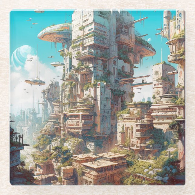 Posavasos De Vidrio Arte de ciencia ficción de ciudad futurista (Anverso)