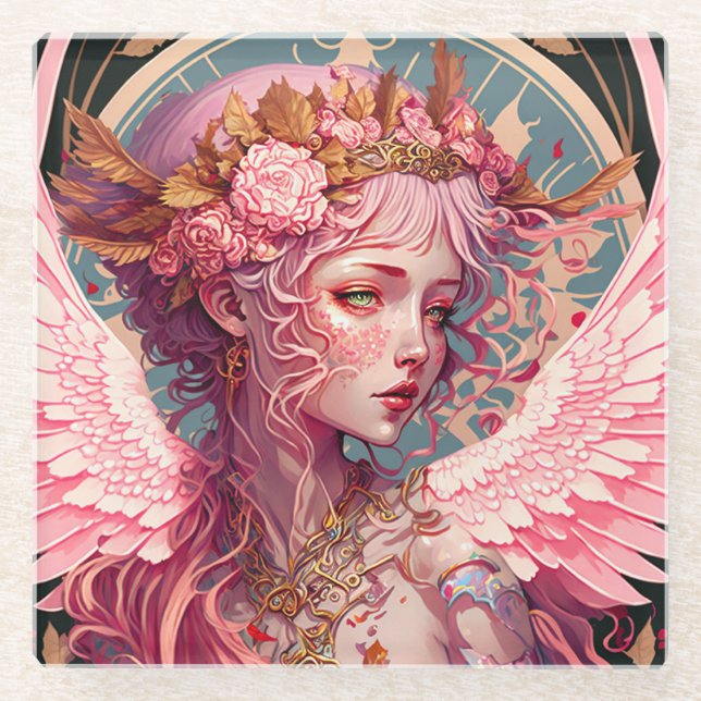 Posavasos De Vidrio Arte de fantasía de Angel Fairy Rosa (Anverso)