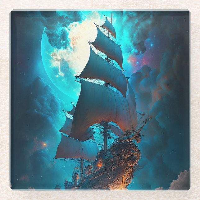 Posavasos De Vidrio Arte de fantasía de barco volador (Anverso)