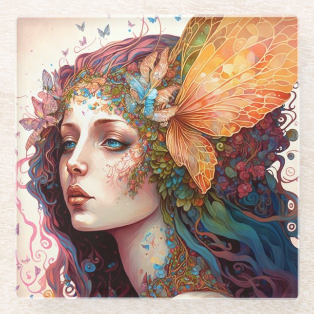 Posavasos De Vidrio Arte de fantasía de diosa arcoiris (Anverso)