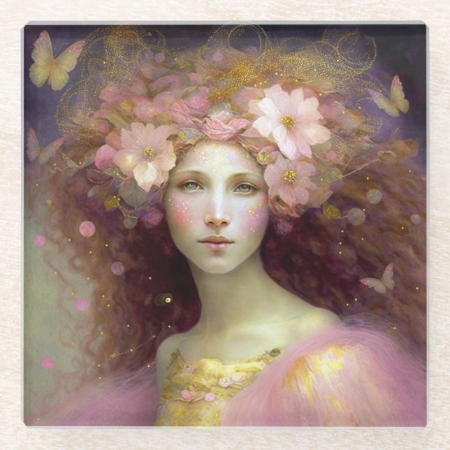 Posavasos De Vidrio Arte de fantasía de hadas rosas (Anverso)