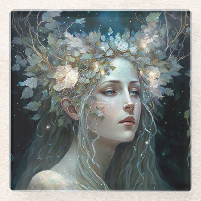 Posavasos De Vidrio Arte de fantasía de la diosa plateada (Anverso)