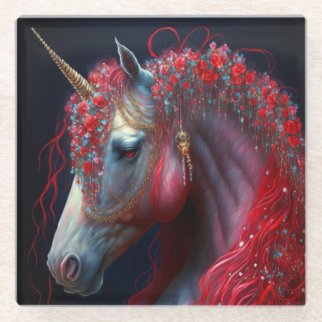 Posavasos De Vidrio Arte de fantasía de Unicornio con joyas rojas (Anverso)