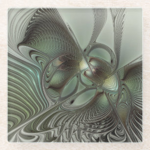 Posavasos De Vidrio Arte de fantasía fractal gris verde oliva abstract