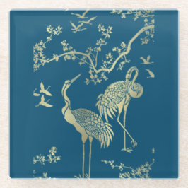 Posavasos De Vidrio Arte de grullas doradas, fondo azul