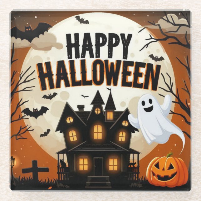 Posavasos De Vidrio Arte de Halloween feliz (Anverso)