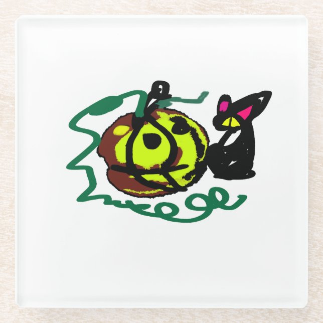 Posavasos De Vidrio Arte de Halloween para Gato Negro (Anverso)