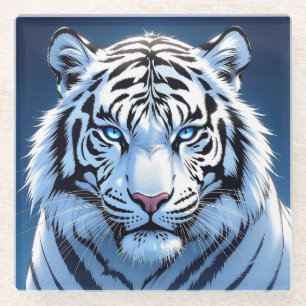 Posavasos De Vidrio Arte de IA de Tigre Blanco de ojos azules