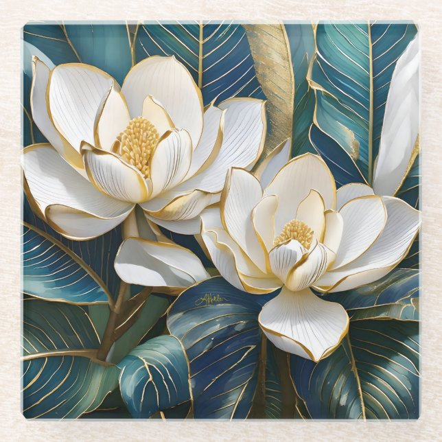 Posavasos De Vidrio Arte de Magnolia del Sur (Anverso)