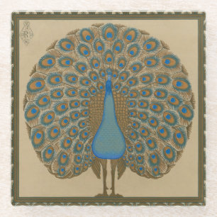 Posavasos De Vidrio Arte de pavo real azul dorado vintage de Walter Cr