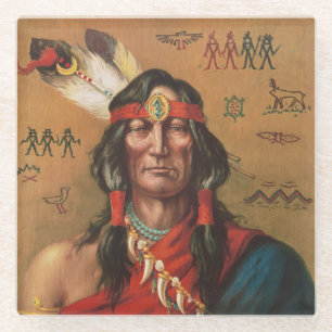 Posavasos De Vidrio Arte de retrato vintage de jefe nativo americano