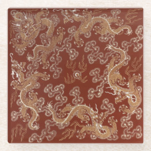 Posavasos De Vidrio Arte de seda Dragón Imperial Rojo y Dorado