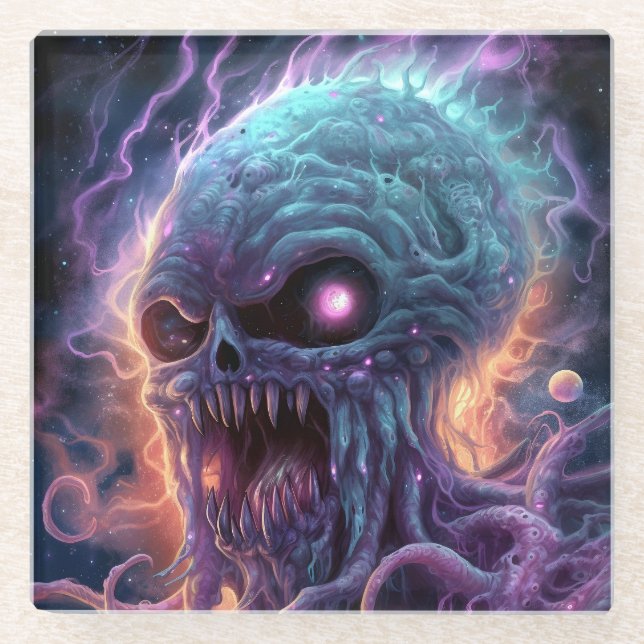 Posavasos De Vidrio Arte de terror de monstruo espacial (Anverso)
