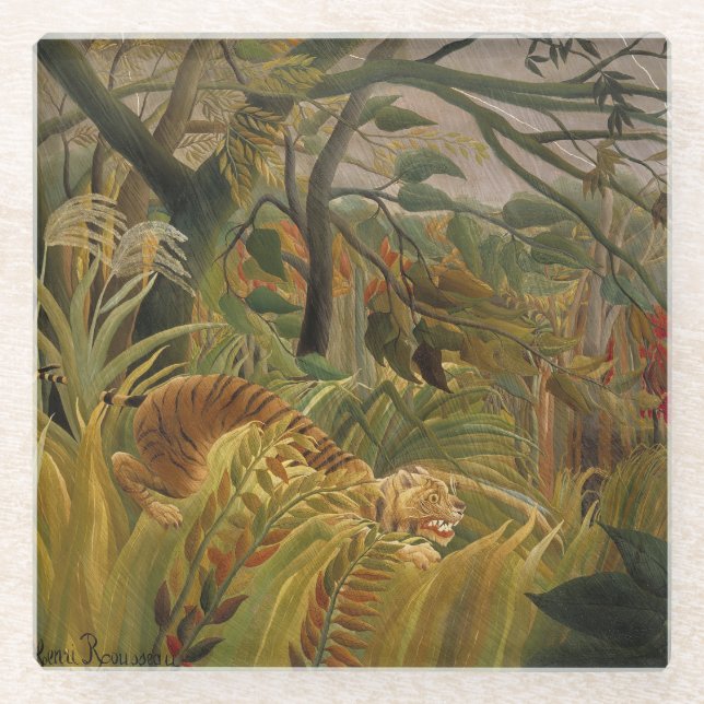 Posavasos De Vidrio Arte de tigre tropical de la selva de Rousseau (Anverso)