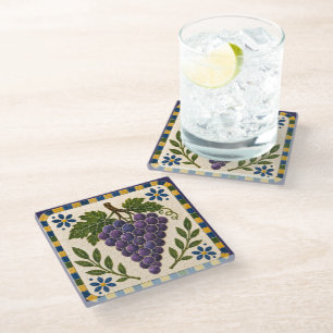 Posavasos De Vidrio Arte de Vid de Uva Púrpura Mosaico Mediterráneo