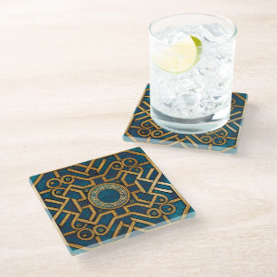 Posavasos De Vidrio arte Deco de mármol de lujo llave griega azul dora