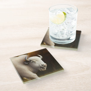 Posavasos De Vidrio Arte digital de Búfalo Blanco Místico