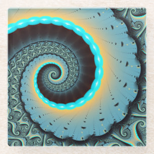 Posavasos De Vidrio Arte en espiral fractal abstracto azul turquesa na