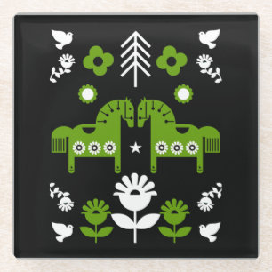 Posavasos De Vidrio Arte folclórico escandinavo de caballos