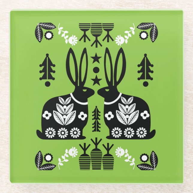 Posavasos De Vidrio Arte folclórico nórdico escandinavo conejo (Anverso)