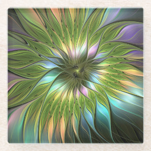 Posavasos De Vidrio Arte fractal de flores de fantasía coloridas lumin