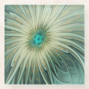 Posavasos De Vidrio Arte fractal de flores de fantasía verde esmeralda