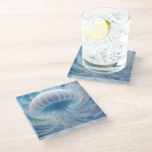 Posavasos De Vidrio Arte Fractal Pastel Blue Jellyfish Debajo Del Mar,