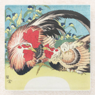 Posavasos De Vidrio Arte japonés vintage de Hokusai Gallo Gallina Flor