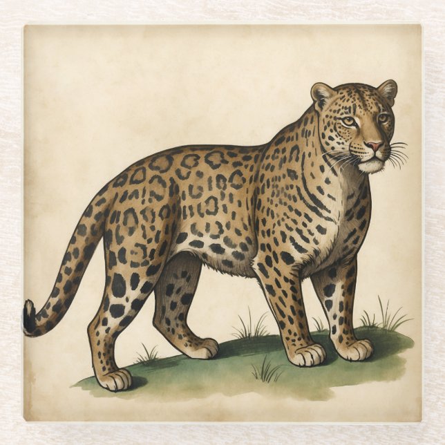 Posavasos De Vidrio Arte Leopardo fuerte medieval (Anverso)