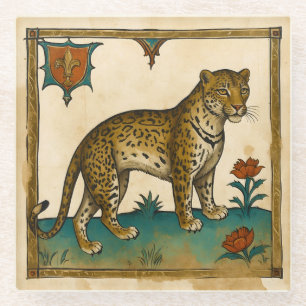 Posavasos De Vidrio Arte medieval de Leopard con flores rojas