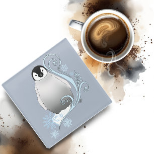 Posavasos De Vidrio Arte Nouveau de Pingüino de Invierno Caprichoso Co
