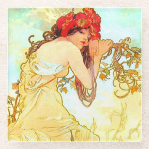 Posavasos De Vidrio Arte Nouveau de Verano de Alphonse Mucha