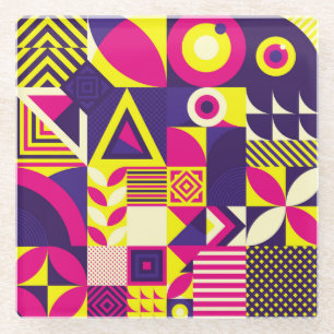 Posavasos De Vidrio Arte pop, formas geométricas coloridas.
