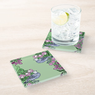 Posavasos De Vidrio Arte Popular Pájaros Flores Bellotas