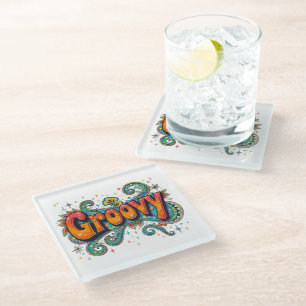 Posavasos De Vidrio Arte psicodélico retro groovy de los 70 funky hipp