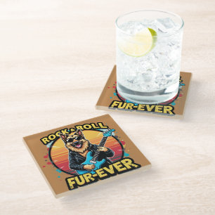 Posavasos De Vidrio Arte Retro del Atardecer Pastor Alemán Rock and Ro