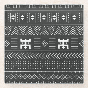Posavasos De Vidrio Arte tribal africano: blanco y negro geométrico